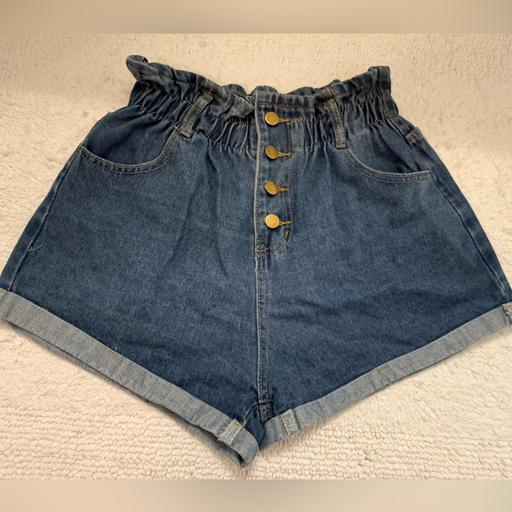 SHEIN Dark Blue Paperbag High-Rise Denim Shorts with Gold Buttons